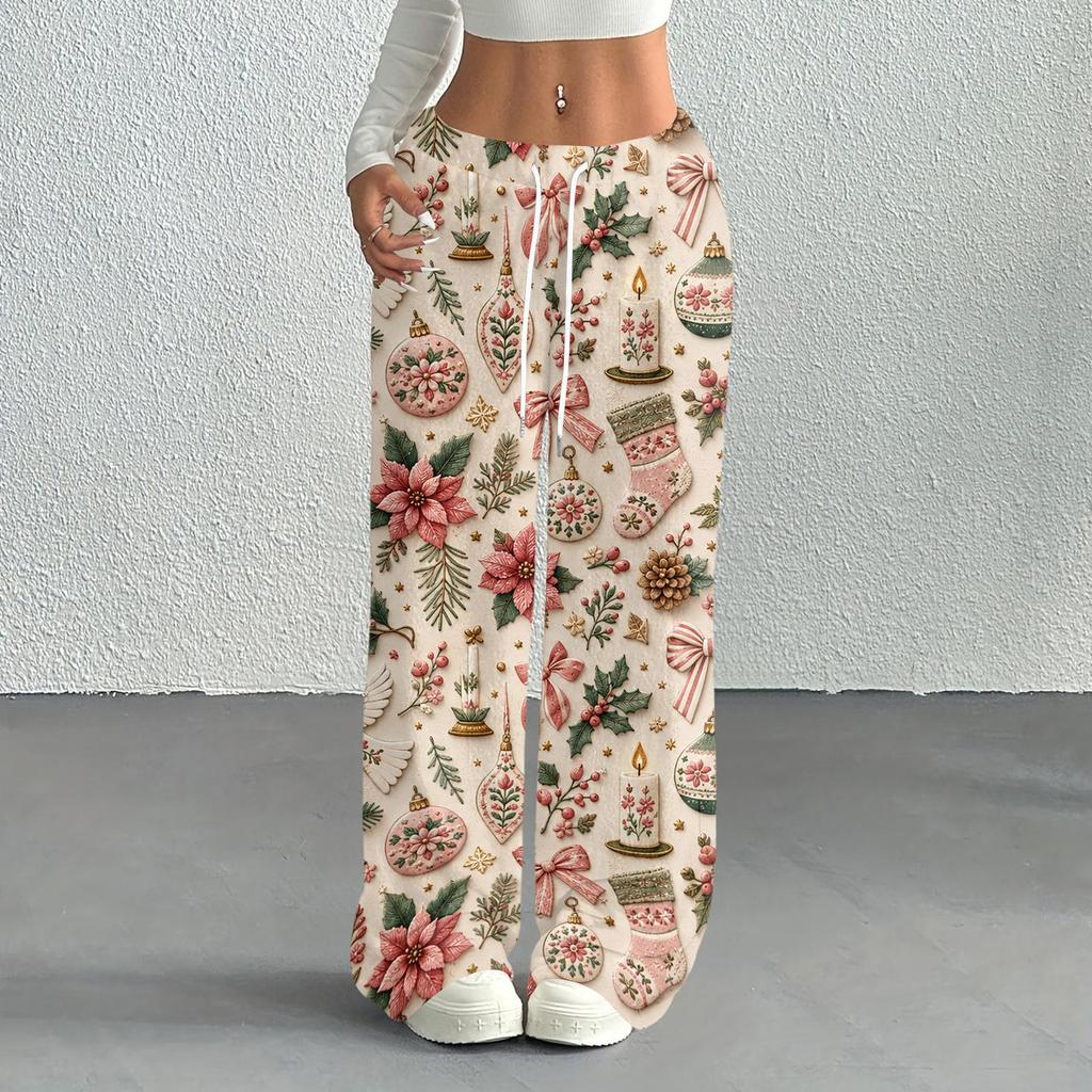 Women's Casual Christmas Print -Lined Loose Fit Straight Leg Pants with and Elastic Waist for Winter