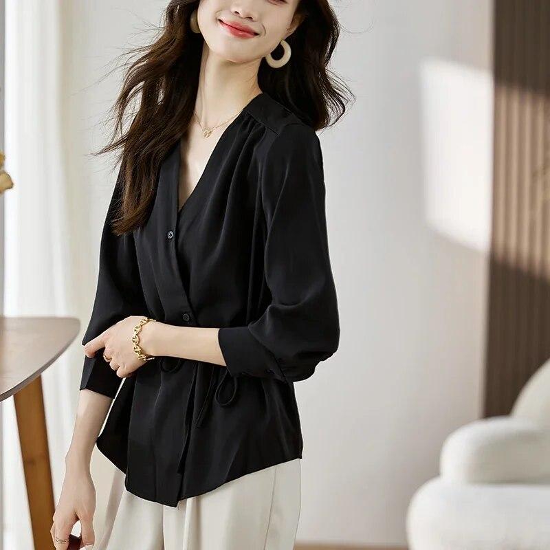 Autumn  Korean Style V-neck Lace-up Blouse Women Elegant Long-sleeve Shirt Women Office Lady Bottoming Tops Woman 29661