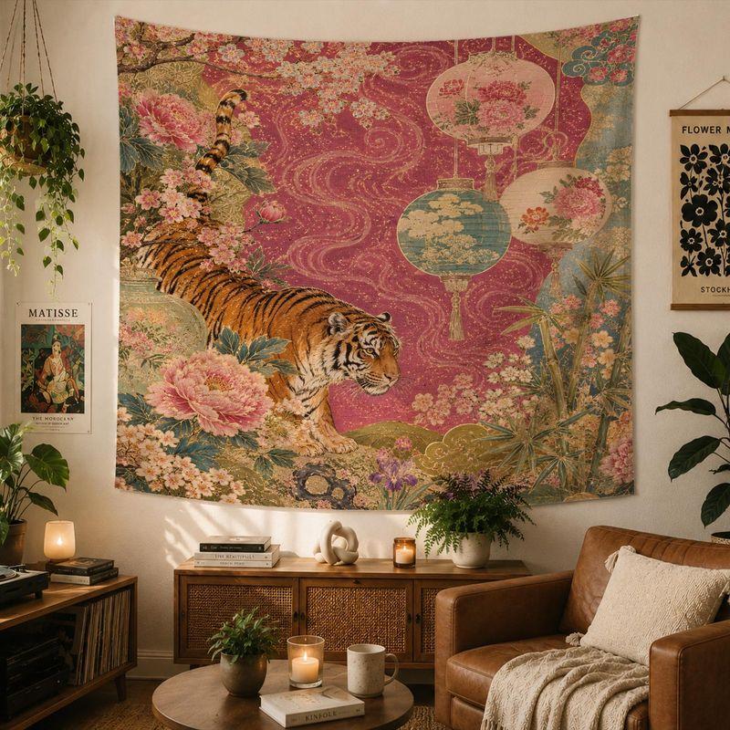 Vintage Tiger Floral Tapestry Oriental Lantern Peony Art Polyester Wall Hanging Aesthetic Bedroom Dorm Home Decor