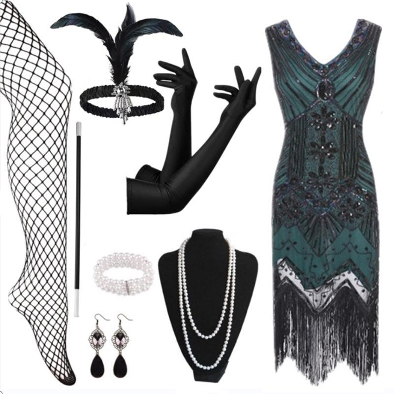 Hot Sale Vintage Sequins Tassel Dress Prom Evening Dress Accessories Set