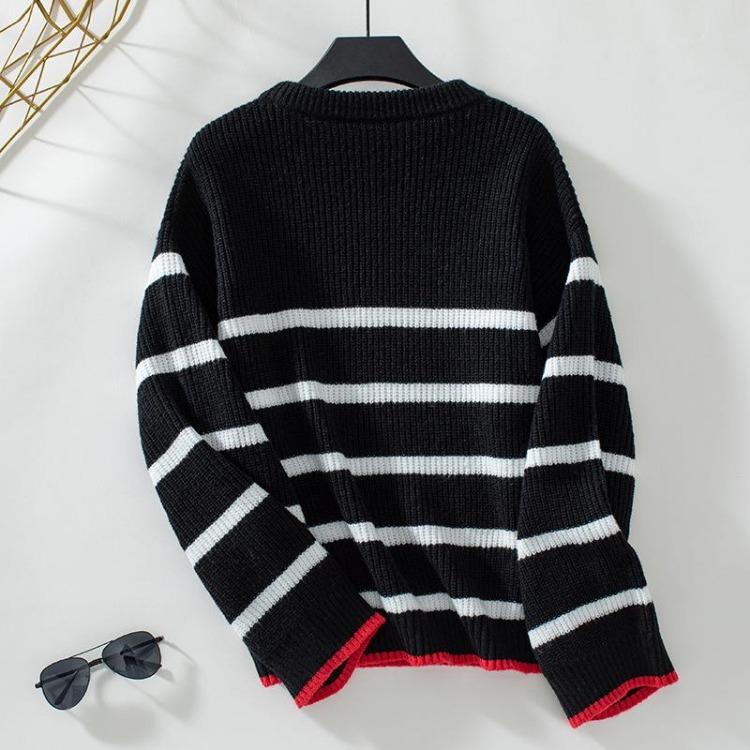 Pullover Vintage O Neck Sweater Long Sleeve Stripe Loose Knitwear Autumn Winter Top