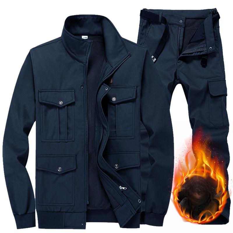 Men's Autumn and Winter Plus Velvet Work Clothes Suit Thickened Labor Insurance Clothing Tooling Jacket Cargo Pants 2-piece Set
