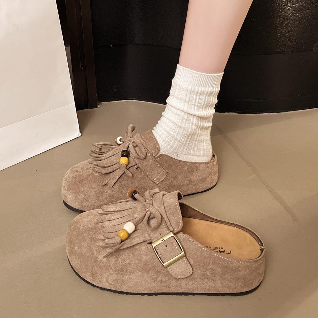 Retro Style Tassel Bag Head Half Slippers Women's 2025 Autumn New Flat-bottomed Lazy Belt Buckle Beaded Matte Slippers