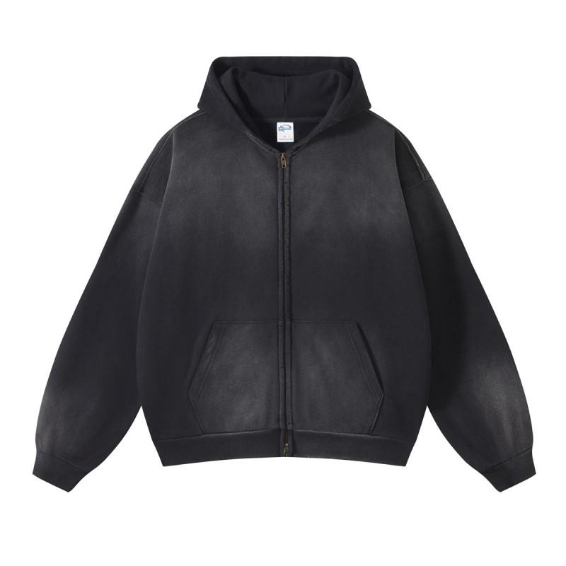 Oversized Cotton Hoodie With Dual Zipper Washed Vintage Gradient Print Unisex Streetwear Sweatshirt Fall
