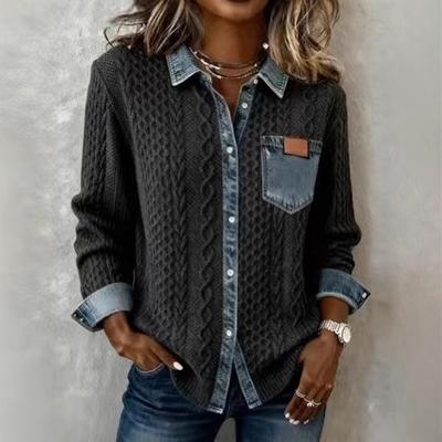 Maglia Cardigan Top Casual da Donna con Collo a Camicia Manica Lunga Vestibilità Larga Patchwork Denim Lavorato a Maglia Tinta Unita