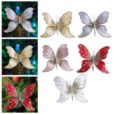 Butterfly Clip Christmas Ornament Glitter Decorative Collectible Artificial Butterfly for New Year Wedding Birthday Office
