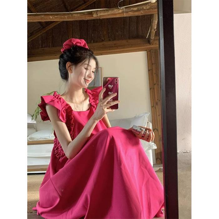 

Женское летнее платье 2024 года, розово-красное, с квадратным вырезом, приталенное, с открытой спиной и рукавами-буфами Small