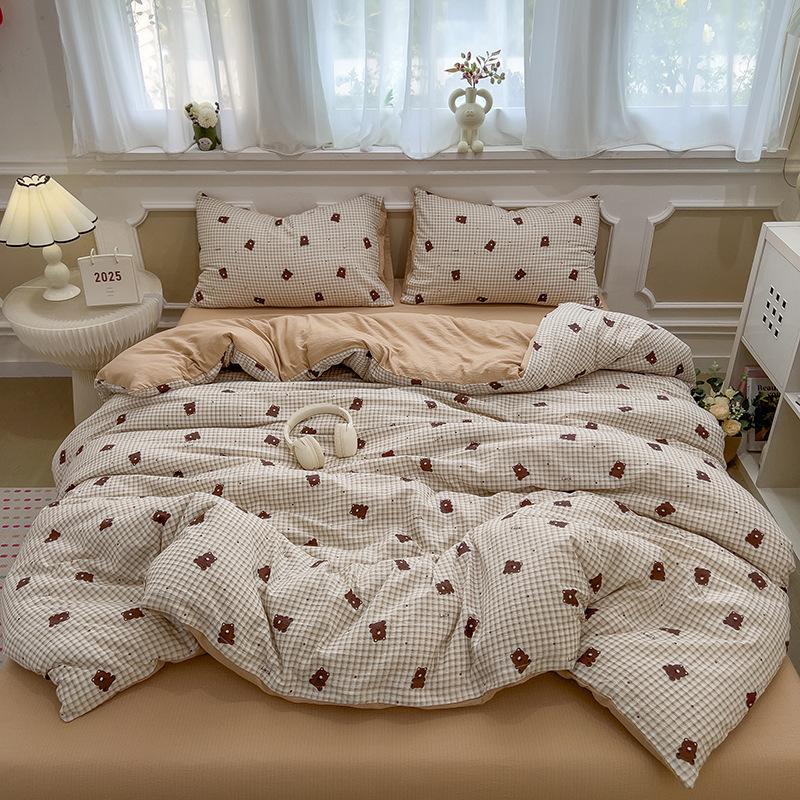 Ins wind bed four-piece spring small fresh quilt cover cartoon washed cotton bed sheet school dormitory bed three-piece set