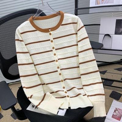 Color-blocking Striped Round-neck Long-sleeved Knitted Cardigan for Autumn and Winter