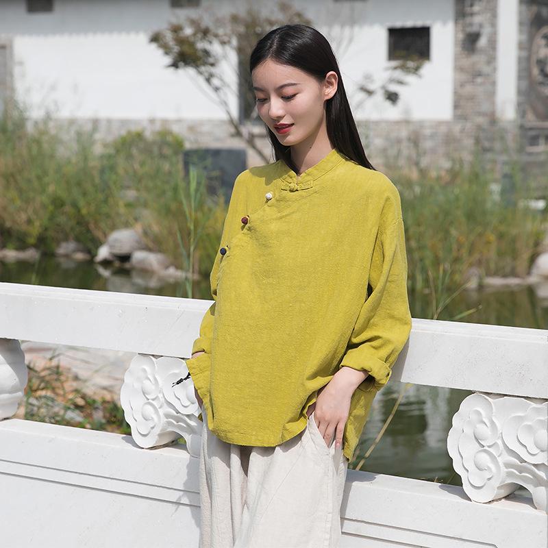 Spring 2026 Women's Zen Tea Ceremony Shirt: Chinese Style, Stand Collar, Color Blocked Cotton Linen