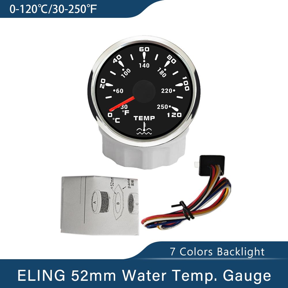 ELING 52mm Water Temp Meter 0-120℃/30-250℉ Temperature Gauge Indicator with 7 Colors Backlight for Boat Car Motorcycle 9-32V