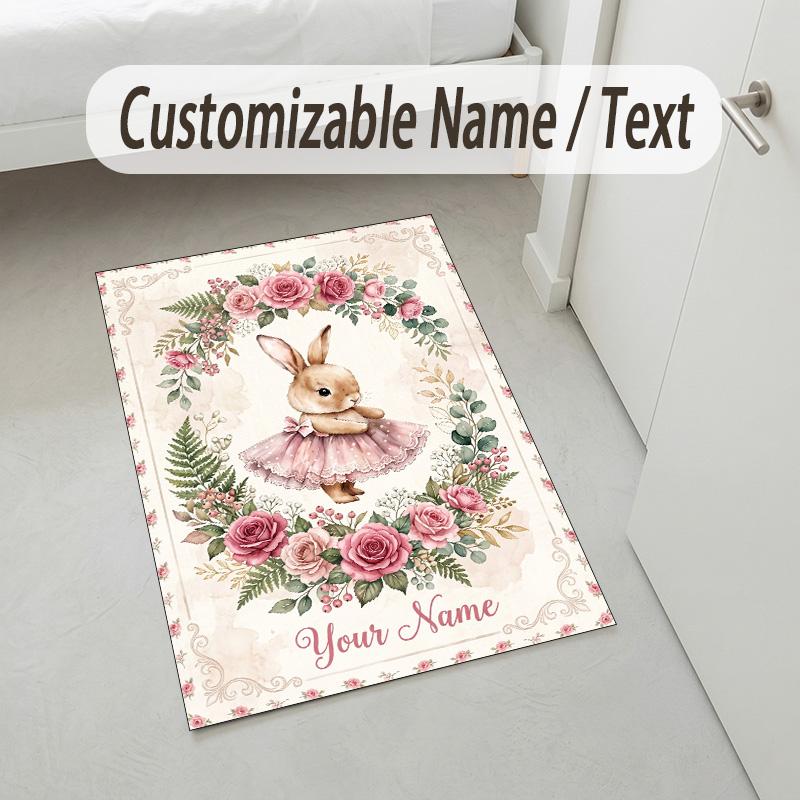 Easter Bunny Theme Crystal Velvet Rug Personalized Custom Name Text Soft Floor Mat Home Decor
