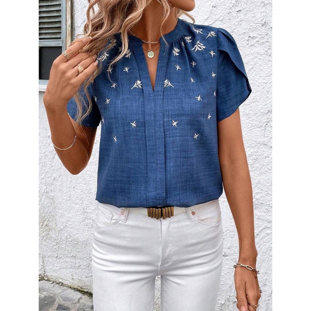 GMXIA Spring Summer Semi-open Collar Short Sleeve Shoulder Crepe Pullover Solid Color Printed Inch Shirt T Top Women