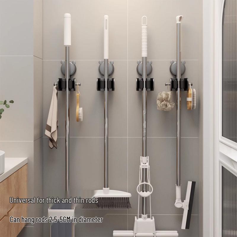 No-Punch Suction Mop & Broom Holder for Bathroom & Balcony