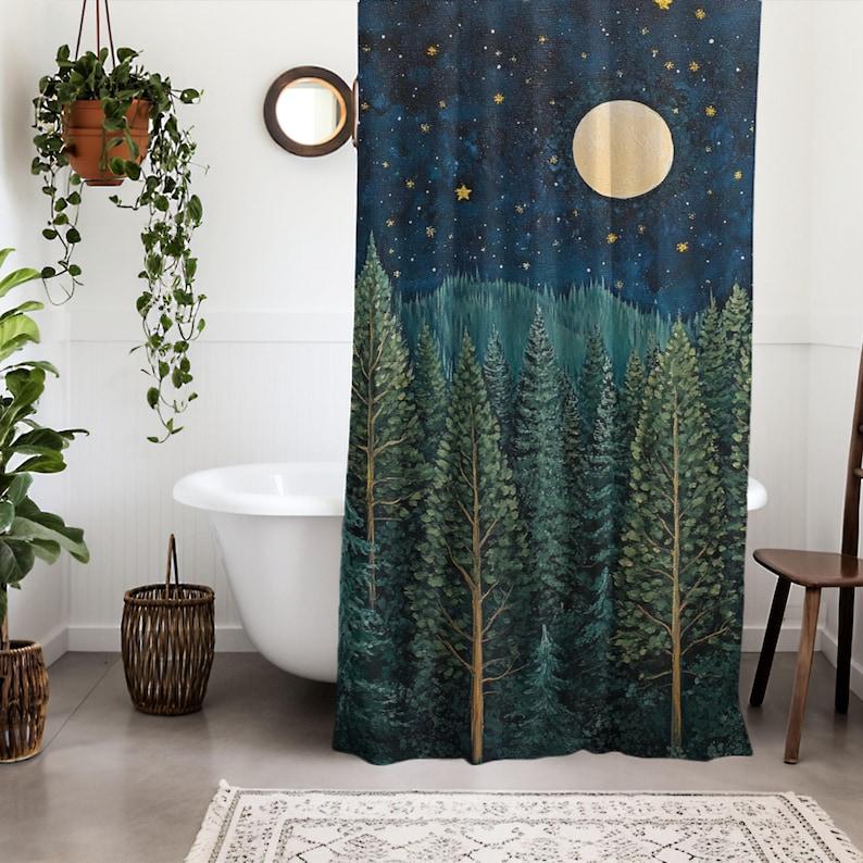 Moonlit Evergreen Forest Shower Curtain, Earthy Bathroom Decor, Serene Woodland Scene Home Decor, Bathroom Accent Autumn