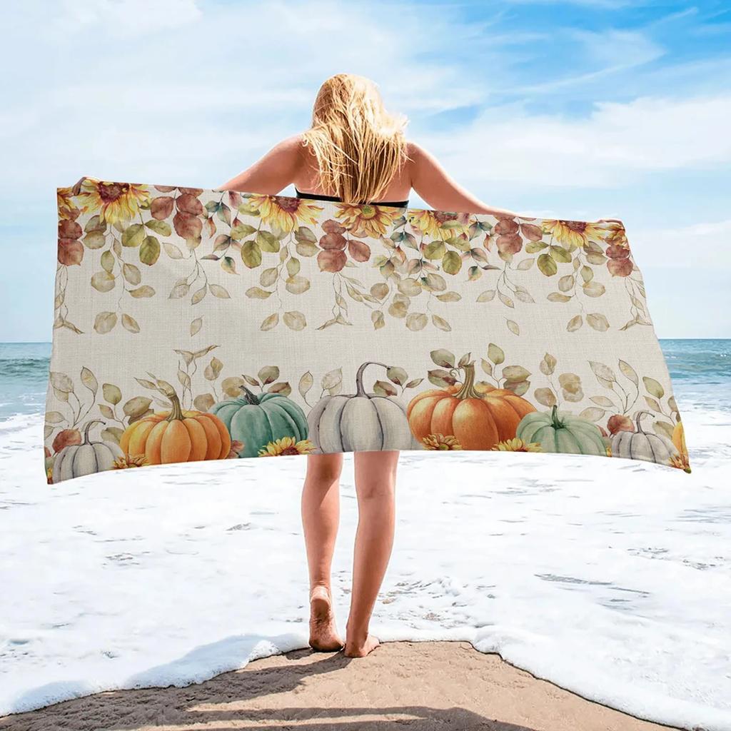 Herbstkürbis Ahornblätter Druck Strandtuch Saugfähig Schnelltrocknend Badetuch Superweiche Stranddecke Reisetuch für Schwimmen Fitnessstudio
