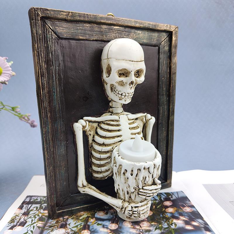 New Halloween Skull Photo Frame Candle Light Resin Skull Collision Horror Atmosphere Decoration Resin Ornaments