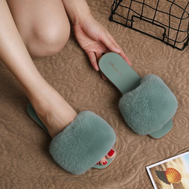 Women's Faux Fur Slides Fashion Flat Open-toe Slippers