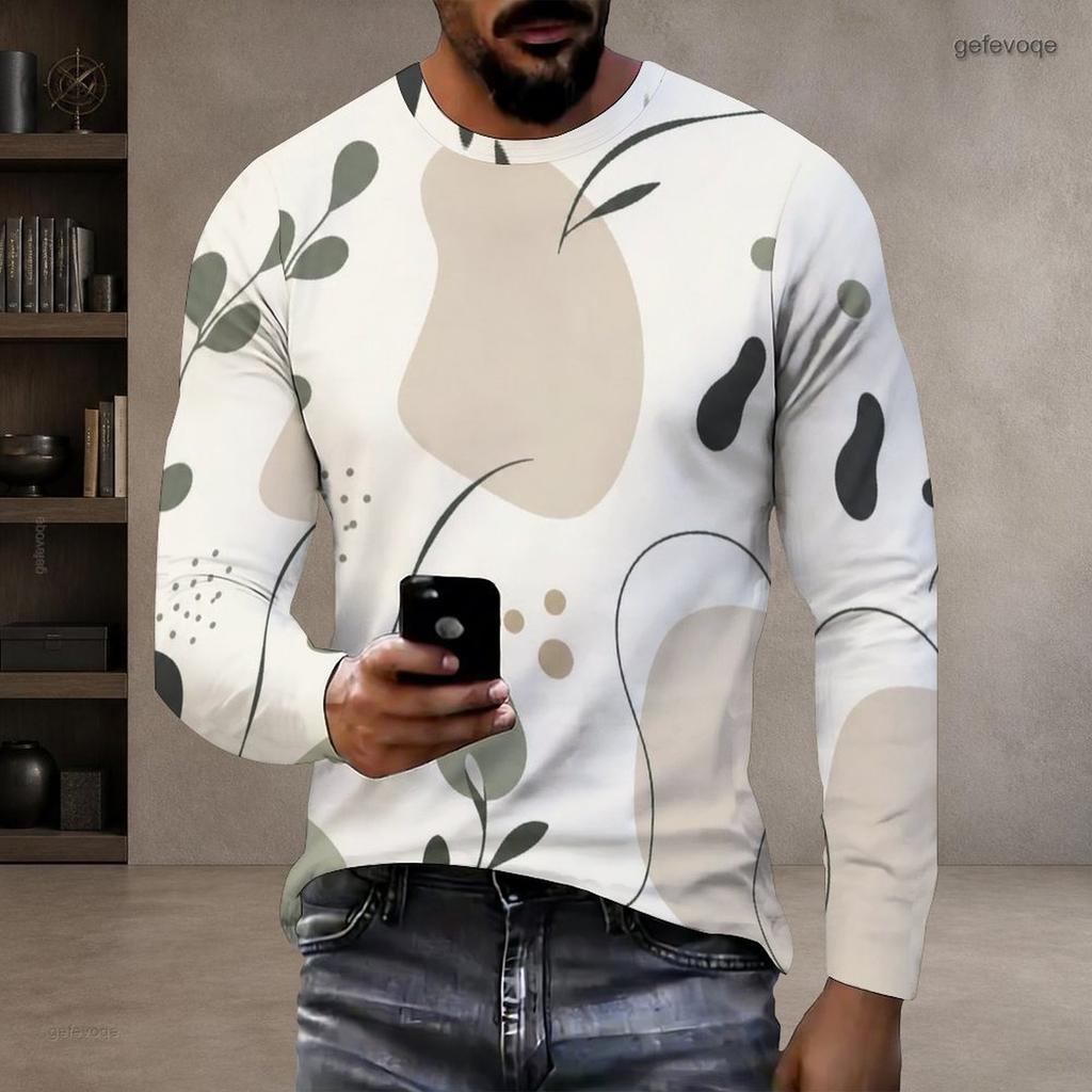 Men Plus Size Round Neck Long Sleeve Abstract Printed Casual Pullover T Shirt