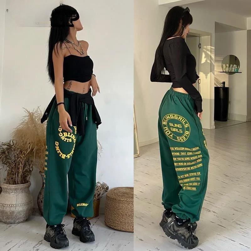 Oversize inkoustově zelené sportovní kalhoty Dámské volné bundle Hip Hop-h-Hardware kalhoty Retro tisk Jazz Street Dance Dlouhé kalhoty