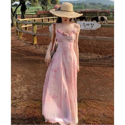 French Retro Elegant Chiffon Midi Dress Women Casual Light Pink Printed Sleeveless Dress Beach Fashion Vintage Chic Summer 2026