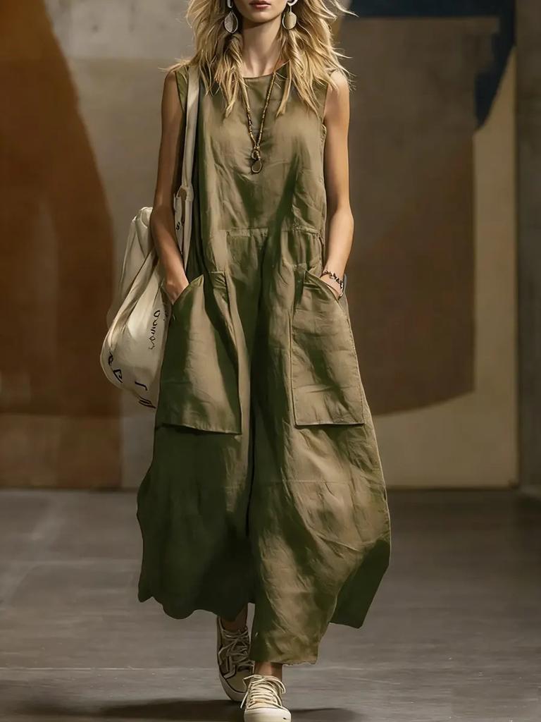 European and American independent station spring and summer new loose sleeveless three-dimensional pocket cotton and linen dress