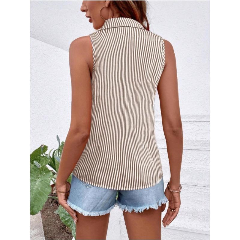 Camisa de Mujer de Verano sin Mangas Holgada a Rayas Elegante Blusa de Oficina Moda Casual Sencilla Dulces Tops Cuello Solapa Ajustado Ropa Streetwear
