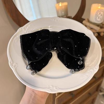 Grampo de Cabelo Francês Elegante Feminino Laço de Veludo com Strass Prendedor de Rabo de Cavalo Exclusivo Presilha Shark Acessórios de Cabelo da Moda