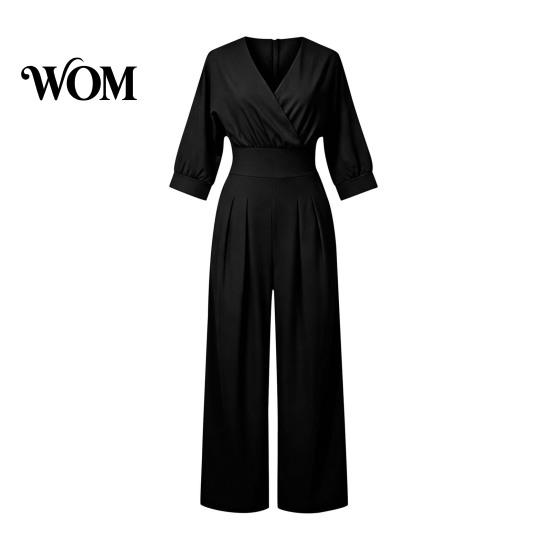 Everyday Wear Jumpsuit Women's Long Sleeve Jumpsuit, Deep V Neck Loose Wide Leg Women Rompers, High Waist Summer Casual One Piece Outfits with Pockets