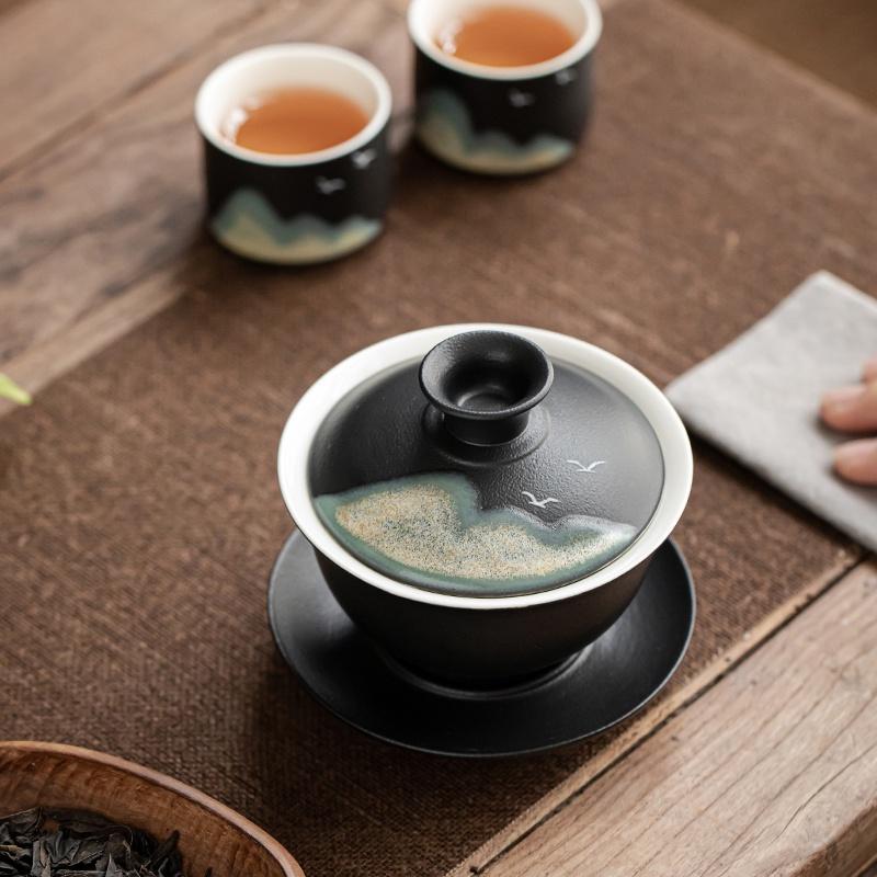 170ml Ceramic Lid Bowl Hand Painted Tea Offering Bowl Japanese Style Tea Bowl