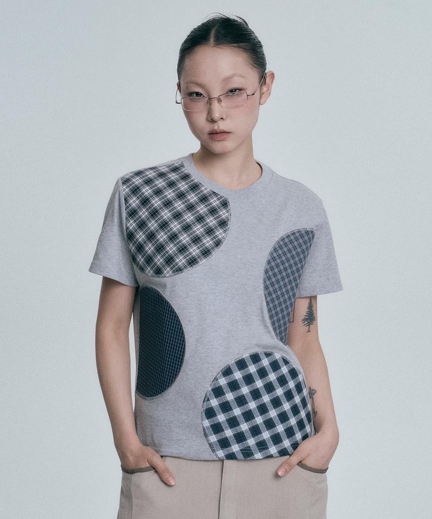 MOO Check Circle Patchwork Short Sleeve T-Shirt - Gray