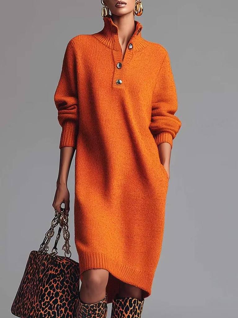 Autumn/Winter Women's Long Knitted Sweater Dress - Over-the-Knee, Loose Fit, Solid Color, Tall-Person Style