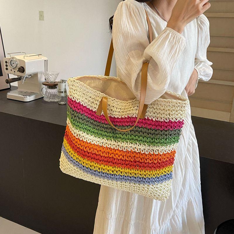 New Rainbow Contrasting Stripes Hand-woven Straw Bag Casual Versatile Seaside Vacation Shoulder Bag