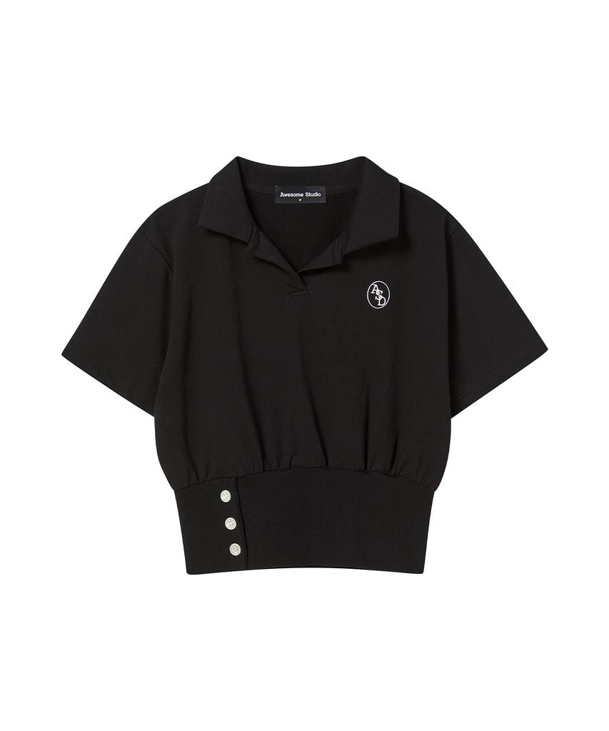 AWESOME STUDIO Button Detail Collared Short Sleeve T-Shirt Black
