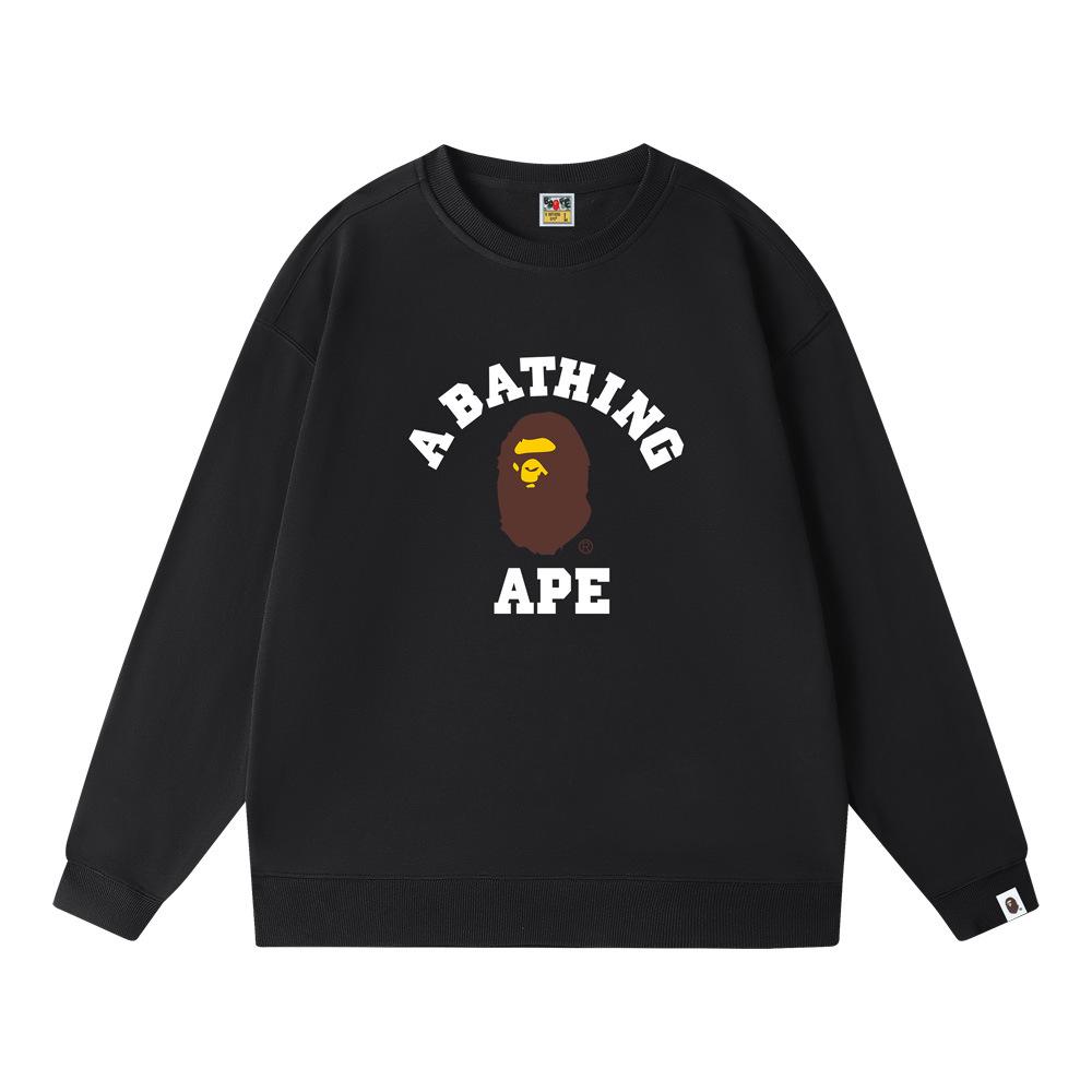 BAPE Spring/Autumn Pure Cotton Terry Men's Sweatshirt - Round Neck, Letter Print, Loose Fit, Unisex, Trendy Monkey Head Design