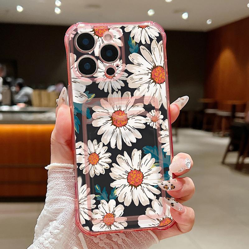 Flowers Print Card Slot Phone Case For iPhone Air 16e 17 16 15 Pro Max 14 13 Pro Max Shockproof Clear Soft Silicone Cover