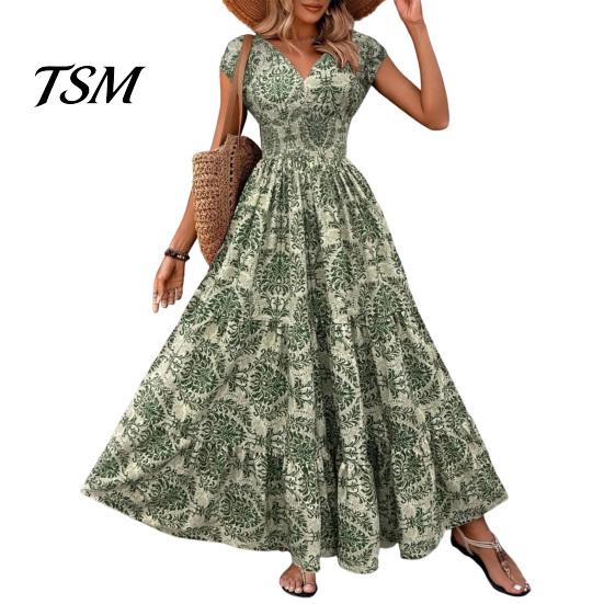 Lightweight Printed Dress Women s Boho Floral Print Maxi Short Sleeve V Casual Retro Style Neck Long Summer Smocked Waist Swing A-line Sundress XL