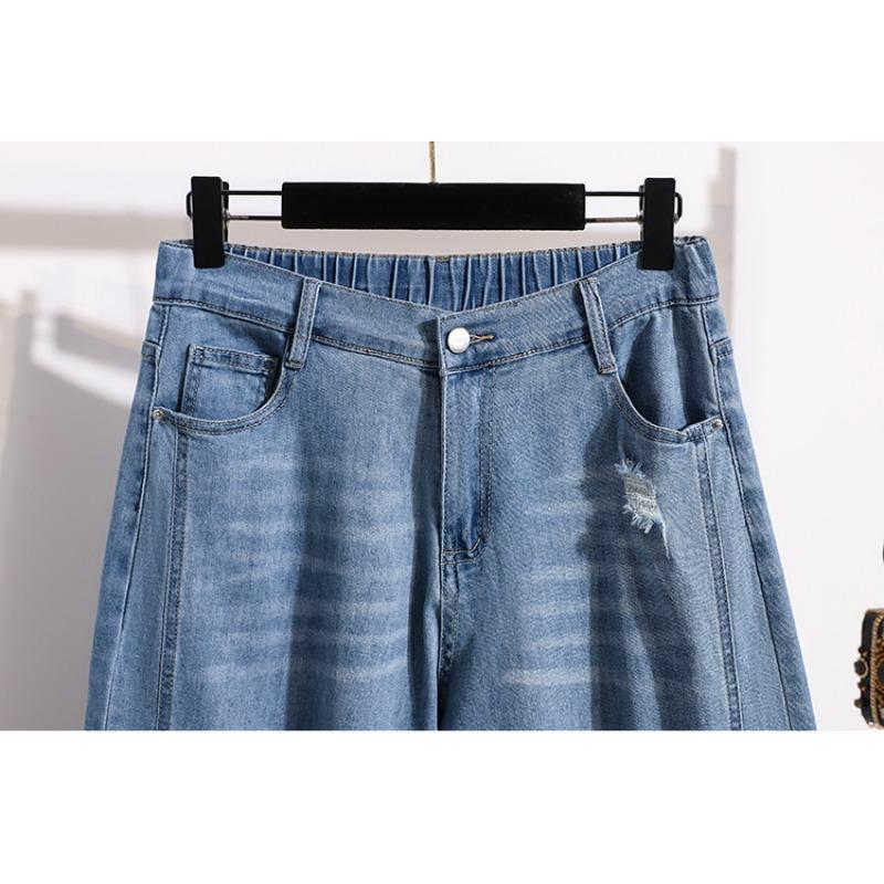 DIMANAF 2026 Summer New Plus Size Women Casual Ripped Wide Leg Denim Capris Jeans Long Pants Cotton Blue