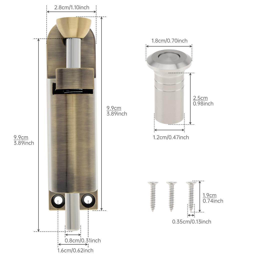 Serrure de porte coulissante à ressort en alliage de zinc 3,9 pouces, loquet à boulon robuste, comprend un boîtier anti-poussière, 3 vis, universel maison, clôture, portail