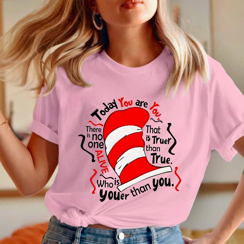 Heute bist du du T-Shirt für Damen Lustige Katze im Hut Grafik Top Lehrergeschenk Rundhals Kurzarm T-Shirt Damen Lässiges T-Shirt