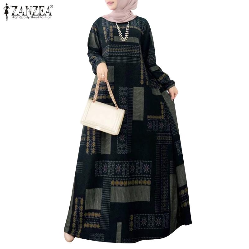 ZANZEA Women Retro Print Loose Casual Round Neck Long Sleeve Dress