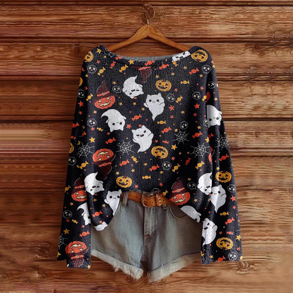 Women's Halloween Sweater, Bohemian Vintage Pattern Print Long Sleeve Knit Pullover
