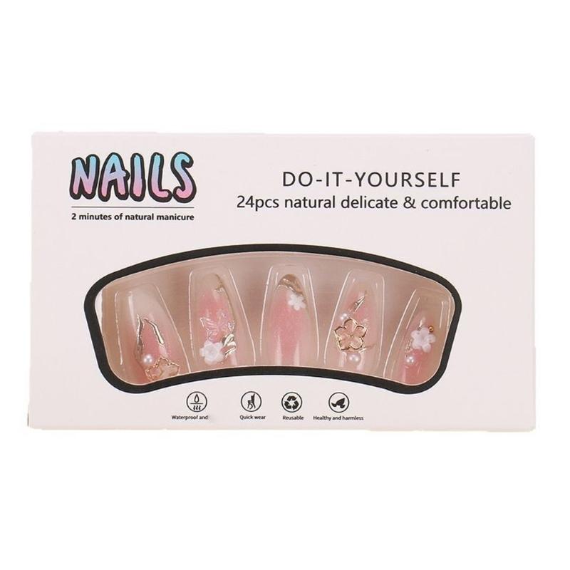 24 Stück Kurze Mandelform Aufklebe-Nägel Vollabdeckung Aufklebe-Nägel Acryl-Nagelset mit 3D-Blumenanhänger Falsche Nägel für Frauen