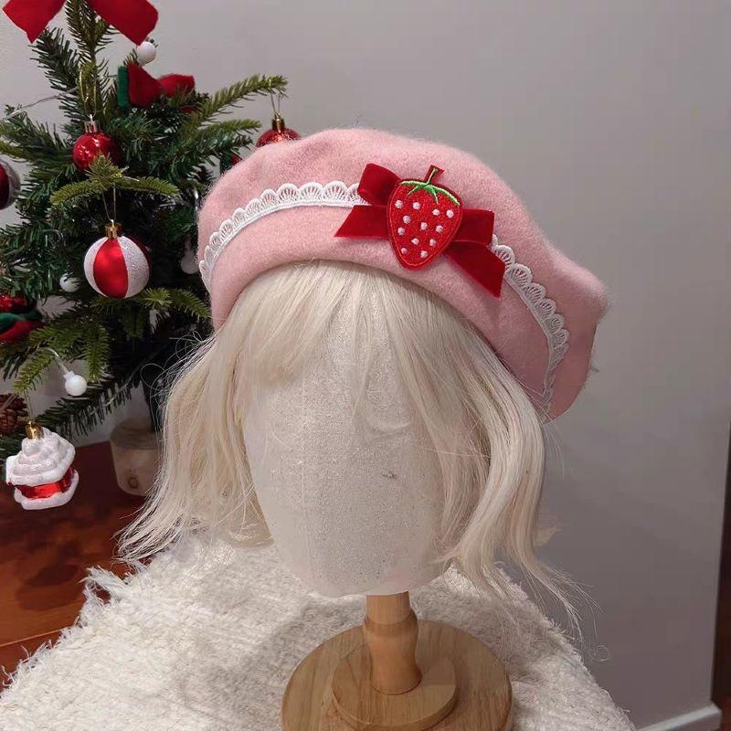 Caps Beret Women Lolita Fashion Luxury Hats Brand Winter Warm 2026 New In Cute Core Lace Strawberry Y2k Hat Lady Caps Beret