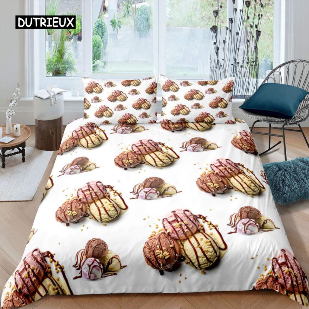 Ice Cream Duvet Cover Set Colourful Cartoon Cup Cake Cherry Lemon Fruit Bedding Set Summer Vacation Style Soft Comforter Cover