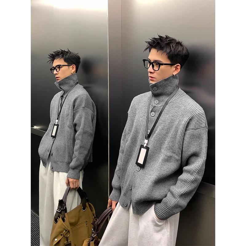 

Men s Gray Navy High Neck Button-Up Winter Cardigan - Korean Style Casual Knitwear M сірий колір