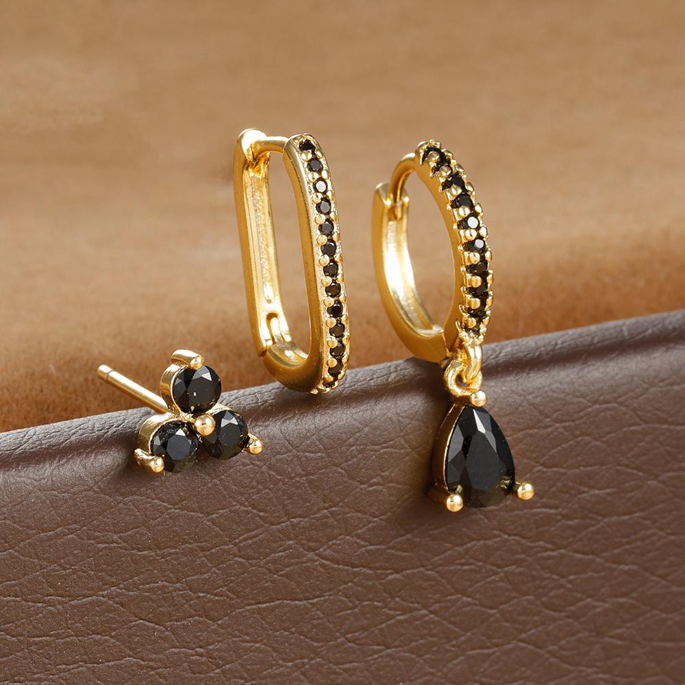 3PCS Fashion Water Drop Huggie Hoop Earrings Set for Women Three-petal Flower Stud Earrings Prevent Allergy Piercing Jewelry
