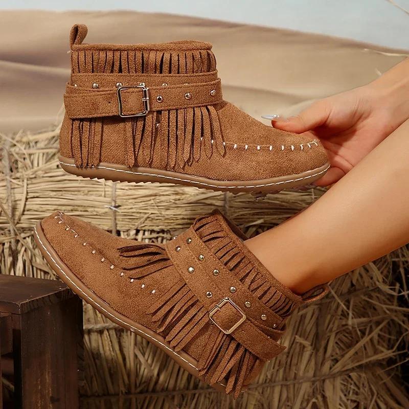 Fashion Women Winter Large Size Rivet Boots Woman Retro Ethnic Western Cowboy Boots Block Flat Heels Tassel Fringe Ankle Boots
