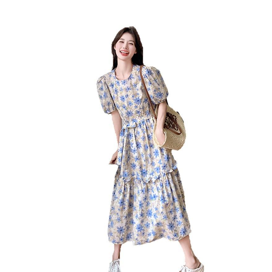 Bubble Sleeve Floral Dress Women's Summer New Fungus Edge Loose Small Long A-shaped Dress