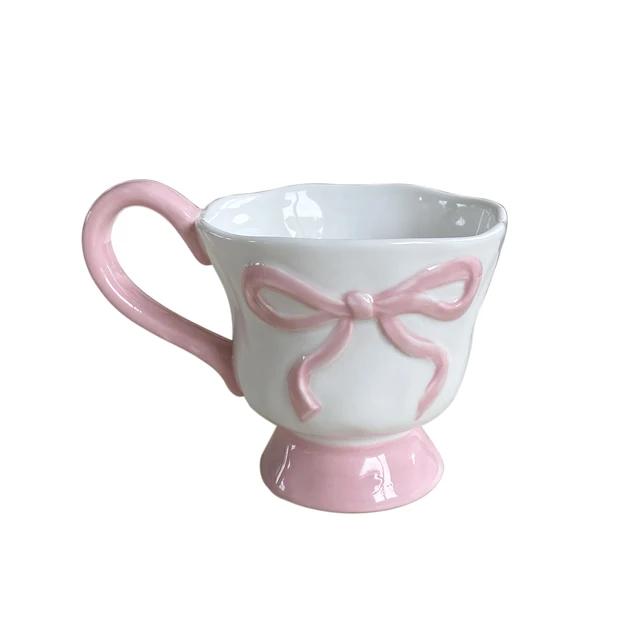 1Pc 350ml Ceramic Embossed Bow Mug Hand-Pinched Pattern Simple Morandi Color Tall Design for Coffee Oatmeal Yogurt-Holiday Gift